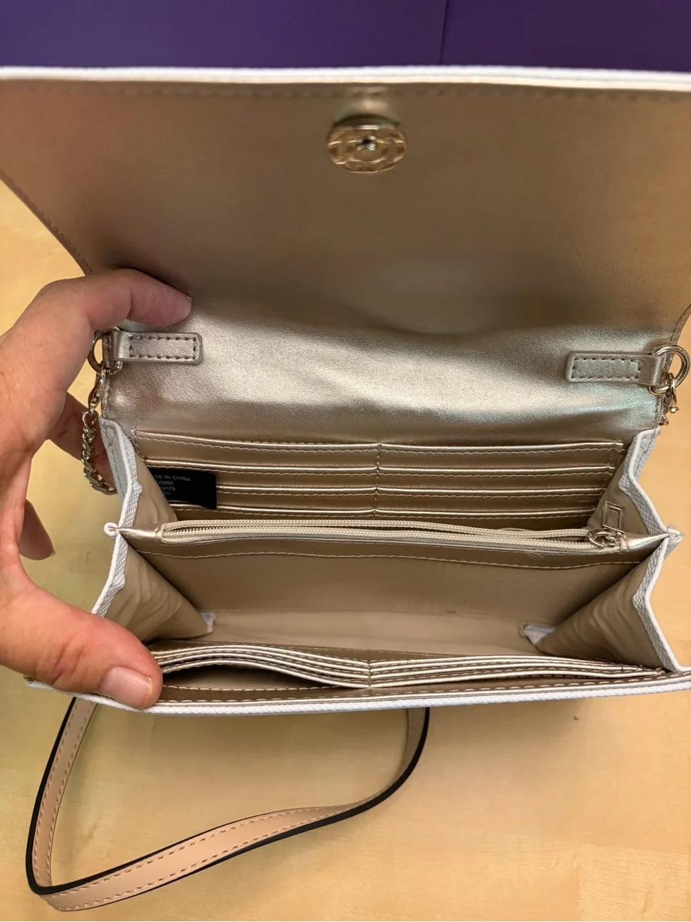 GUESS White Crossbody with Gold Logo Plaque and Chain Strap